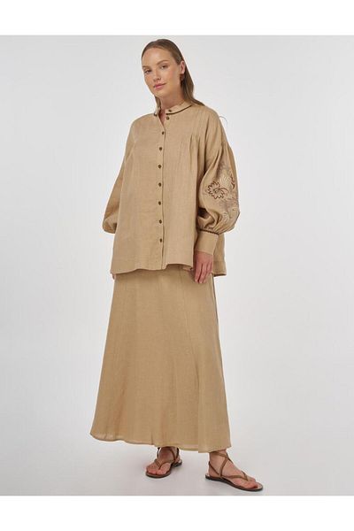 Kayra 100% Linen Embroidered Double Suit Beige