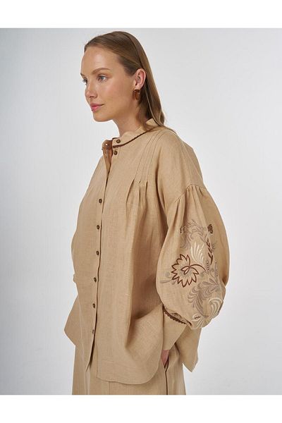 Kayra 100% Linen Embroidered Double Suit Beige
