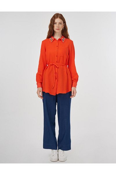 KYR Collar Stone Embroidered Muslin Tunic Coral