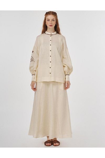 Kayra 100% Linen Embroidered Double Suit Cream