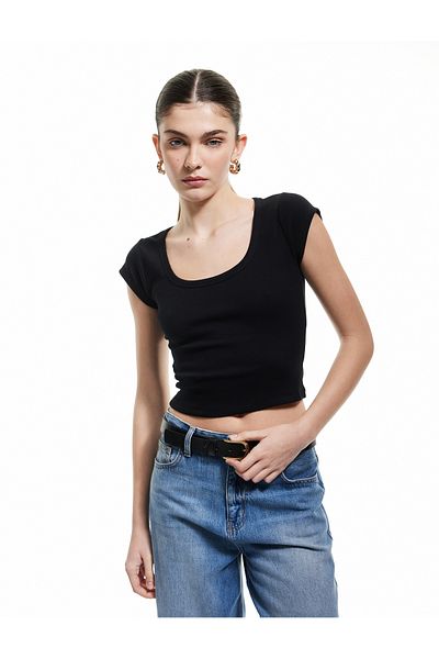 Koton Tricou din bumbac, slim fit, cu mânecă scurtă, cu decolteu, sezon nou
