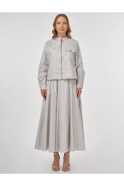 Kayra Shiny Stone Jacquard Skirt Suit Light Gray