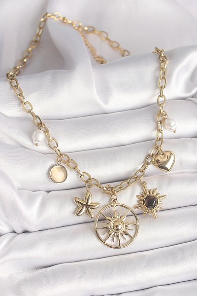 Skygo 316L Steel Gold Color Sun Model Black Enamel Sun Detail Women's Necklace - Tj-Bko9914