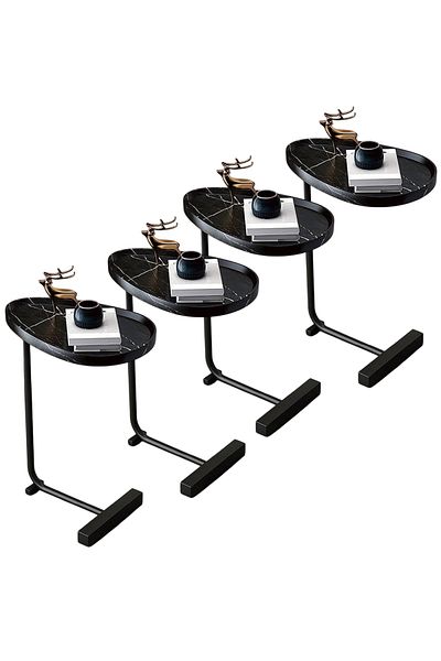 Generic 4-Pieces Modern Coffee Table | C-Shaped Side Table with Black Wood Top and Black Metal Frame
