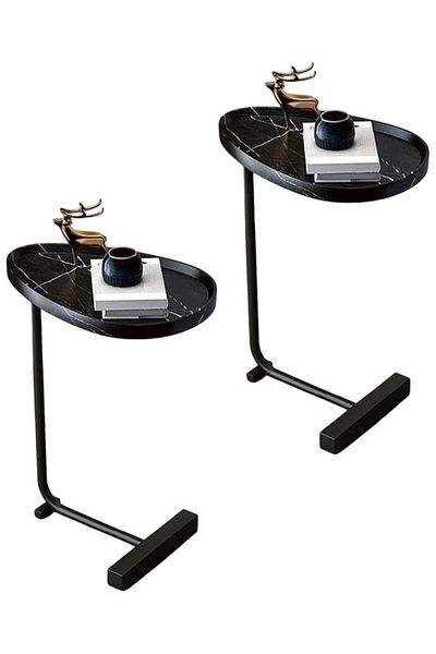 Generic 2-Pieces Modern Coffee Table | C-Shaped Side Table with Black Wood Top and Black Metal Frame