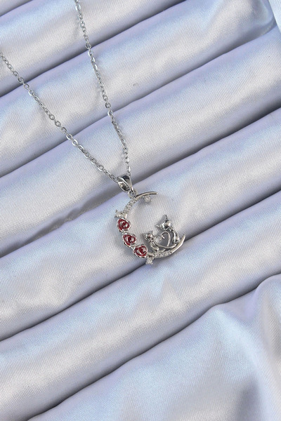 Belle Fusion سلسلة فولاذية BFS 316L فضية اللون وتفاصيل وردة حمراء على شكل قطة...