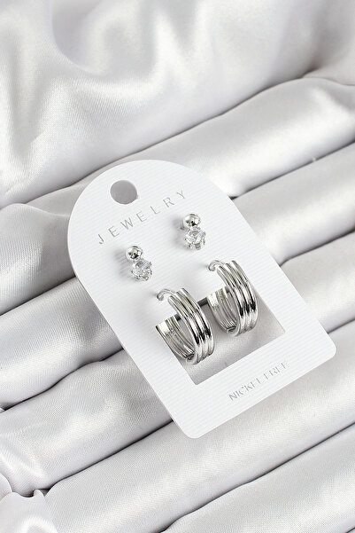 Belle Fusion Bfs Brass Zircon Stone and Ring Figured Silver Color 3-Piece Dou...