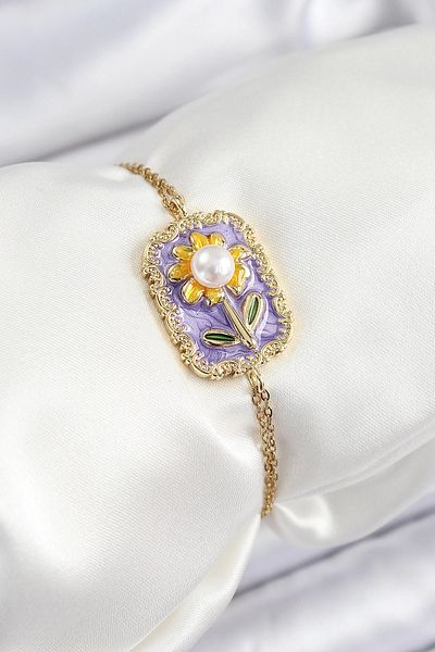 NETWORK ART Bfs 316L Steel Chain Purple Enameled Artistic Portrait Pearl Detailed Daisy Model Gold Color Women's Bracelet