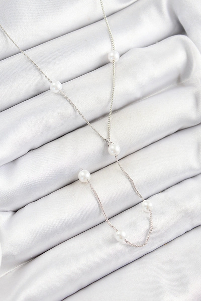 Belle Fusion قلادة BFS 316L من الفولاذ على شكل لؤلؤة Y موديل فضي اللون للنساء