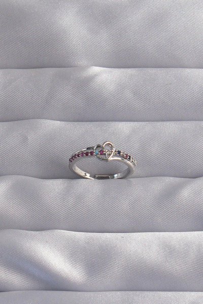 Belle Fusion خاتم BFS من النحاس الفضي اللون مرصع بحجر الزركون قابل للتعديل