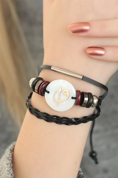 NETWORK ART Bfs Black Color Elif Vav Design Multiple Leather Bracelet