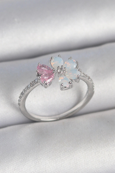 Belle Fusion خاتم نسائي من BFS مصنوع من النحاس الفضي اللون الأبيض المينا الور...