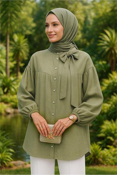 TRENDTESETTÜR Women's Green Bow Detail Shirt Tunic t 7232