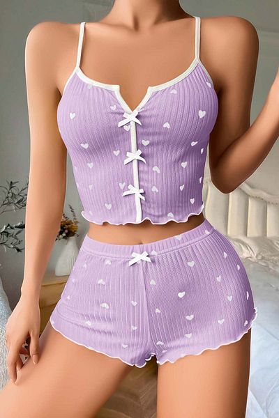 Fulla Moda Heart Patterned Ribbon Detailed Shorts Pajama Set