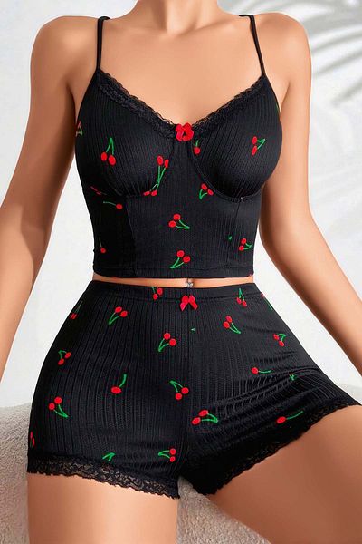Fulla Moda Cherry Patterned Rope Strap Shorts Pajama Set