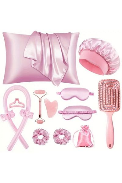 Tinybabyconcept 13 Piece Satin Sleeping Set Pillow Case Hair Cap Eye Mask Curler Roller Guasha Pouch 4 Buckles