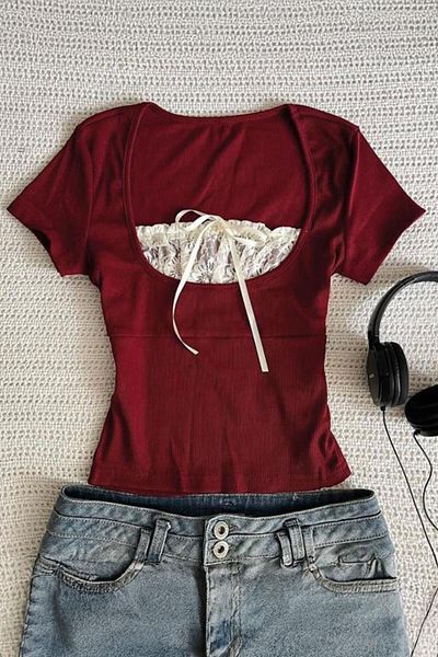 Köstebek Vintage Style Burgundy Blouse with Lace Collar