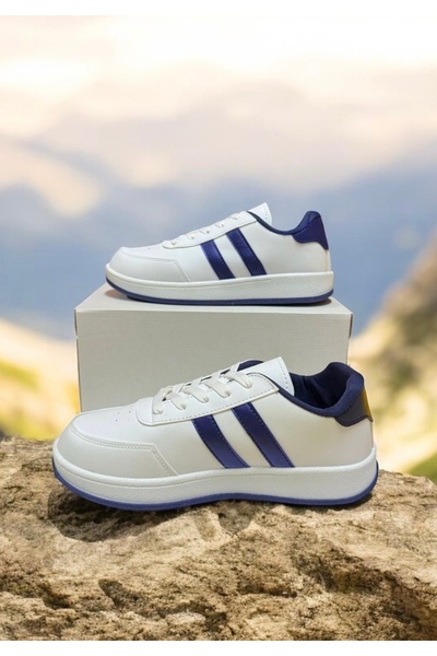 Trendova White-Navy Blue Two-Striped Unisex Daily Light Sole Sneaker Sports S...