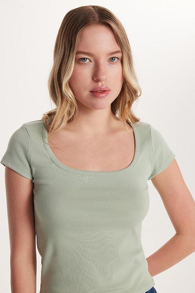 Tudors Bluză de damă, slim fit, din bumbac, cu mânecă scurtă, cu decolteu în U, mentă