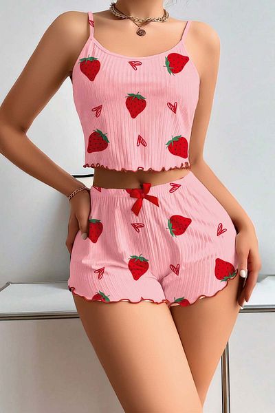 Fulla Moda Strawberry Patterned Ruffle Shorts Pajama Set