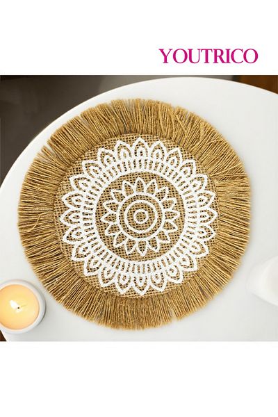 Youtrico Placemats, plate coasters, waterproof, woven jute, Nordic style, tassels,12-17cm