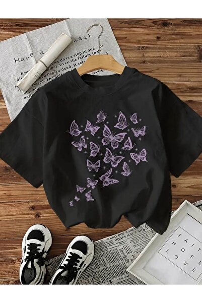 caddekombin تي شيرت أسود من القطن الممشط مطبوع عليه فراشة طائرة