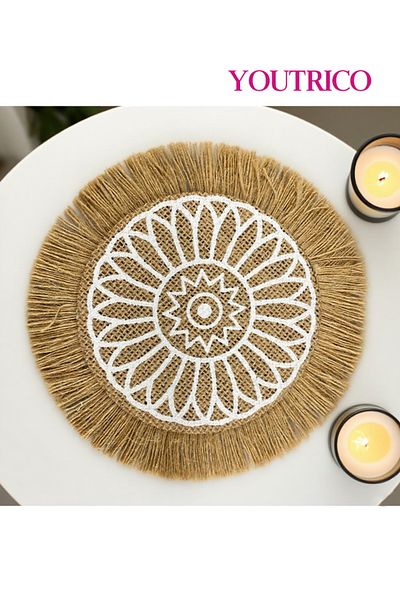 Youtrico Placemats, plate coasters, waterproof, woven jute, Nordic style, tassels,12-17cm