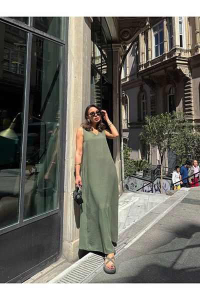 Ecenin Favorileri Χακί Maxi Boy Linen Look Φόρεμα