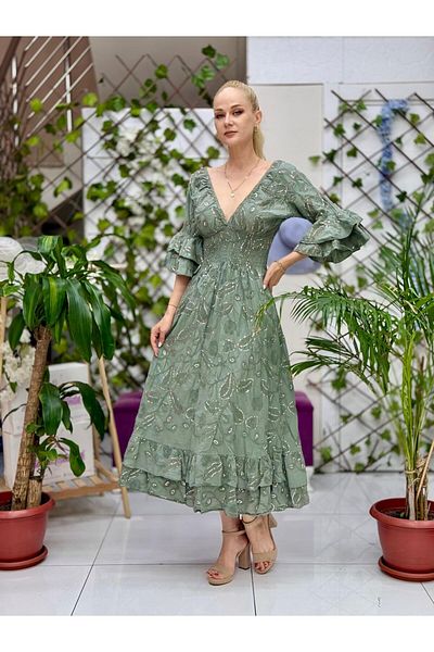 Punta Otantik Nc10995 Italian Sequined Waist Elastic Coton Dress Khaki