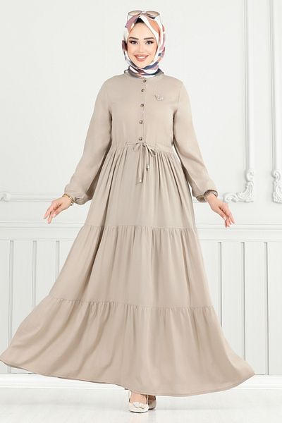 ModaMerve Half Button Dress 2350Bgs895-M Stone