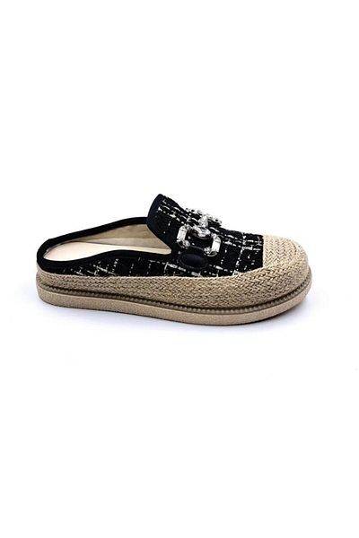 Guja 24K308 Women's Jute Straw Garnished Stone Plaid Patterned Closed-Front Slippers