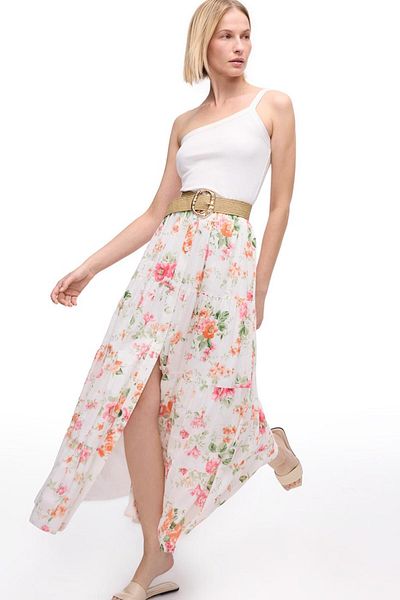 Perspective Ecru Clios Regular Fit High Waist Long Skirt