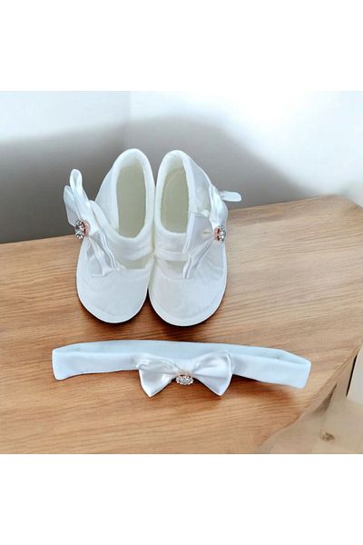 ÖZKARDEŞLER BABY Özkardeşler Baby 0-3 Months New Born Bow Cream Bandana Booties Set