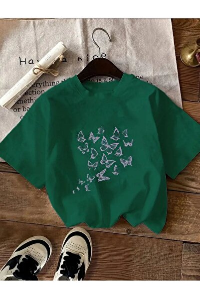 caddekombin Πράσινο μπλουζάκι από βαμβακερό χτενισμένο βαμβάκι με στάμπα Flying Butterfly