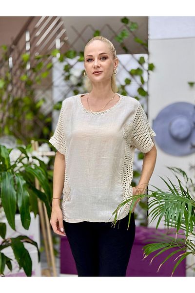 Punta Otantik Nc52863 Italian Mesh Laced Linen Blouse Cream