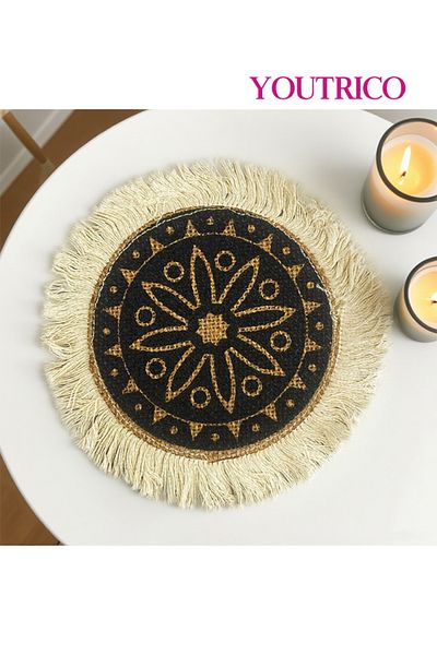 Youtrico Placemats, plate coasters, waterproof, woven jute, Nordic style, tassels,12-17cm