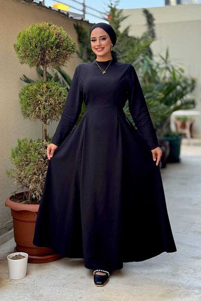 Bym Fashion Waist Belted Sleeve Zipper Detailed Dress 6041 Black