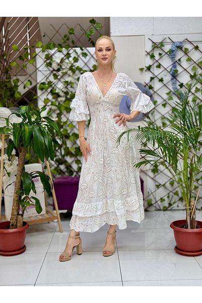 Punta Otantik Nc10995 Italian Sequin Sequined Elastic Waist Cotton Dress White