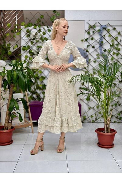 Punta Otantik Nc10995 Italian Sequined Waist Elastic Waist Cotton Dress Beige