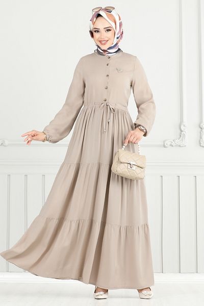 ModaMerve Half Button Dress 2350Bgs895-M Stone