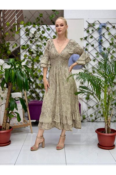Punta Otantik Nc10995 Italian Sequined Waist Elastic Waist Cotton Dress Mink