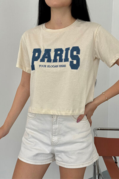 alanora Crop pentru femei Paris imprimat din bumbac Lycra Crew Neck