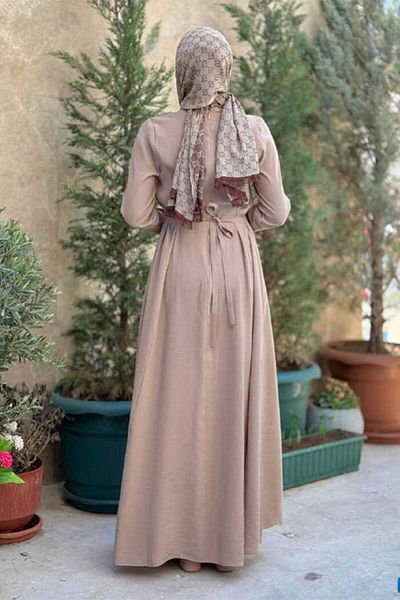 Bym Fashion Waist Belted Sleeve Zipper Detailed Dress 6041 Mink