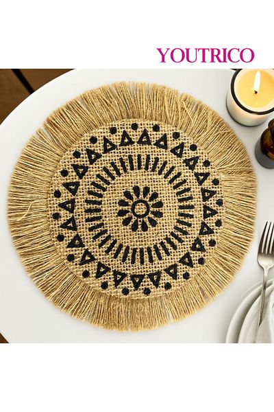 Youtrico Placemats, plate coasters, waterproof, woven jute, Nordic style, tassels,12-17cm