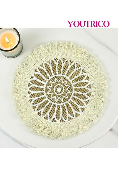Youtrico Placemats, plate coasters, waterproof, woven jute, Nordic style, tassels,12-17cm