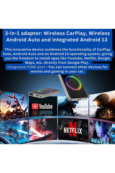 LUVLU Adaptor Wireless Carplay Si Android Auto Sistem Integrat Android 4gb Ram 32gb Rom Netflix Youtube