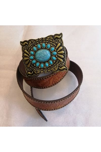 Butik Tülin Unisex Authentic Faux Leather Musical Instrument Printed Tan Bronze Blue Stone Cowboy Buckle Belt