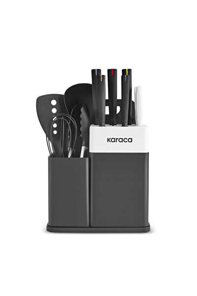 Karaca Yame 12 Parça Standlı, Kesme Tahtalı Servis ve Bıçak Seti Siyah