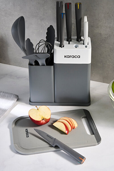 Karaca Yame 12 Parça Standlı, Kesme Tahtalı Servis ve Bıçak Seti Gri