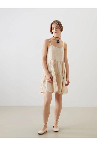 LC Waikiki Xside Brown U-Neck Textured Mini Dress